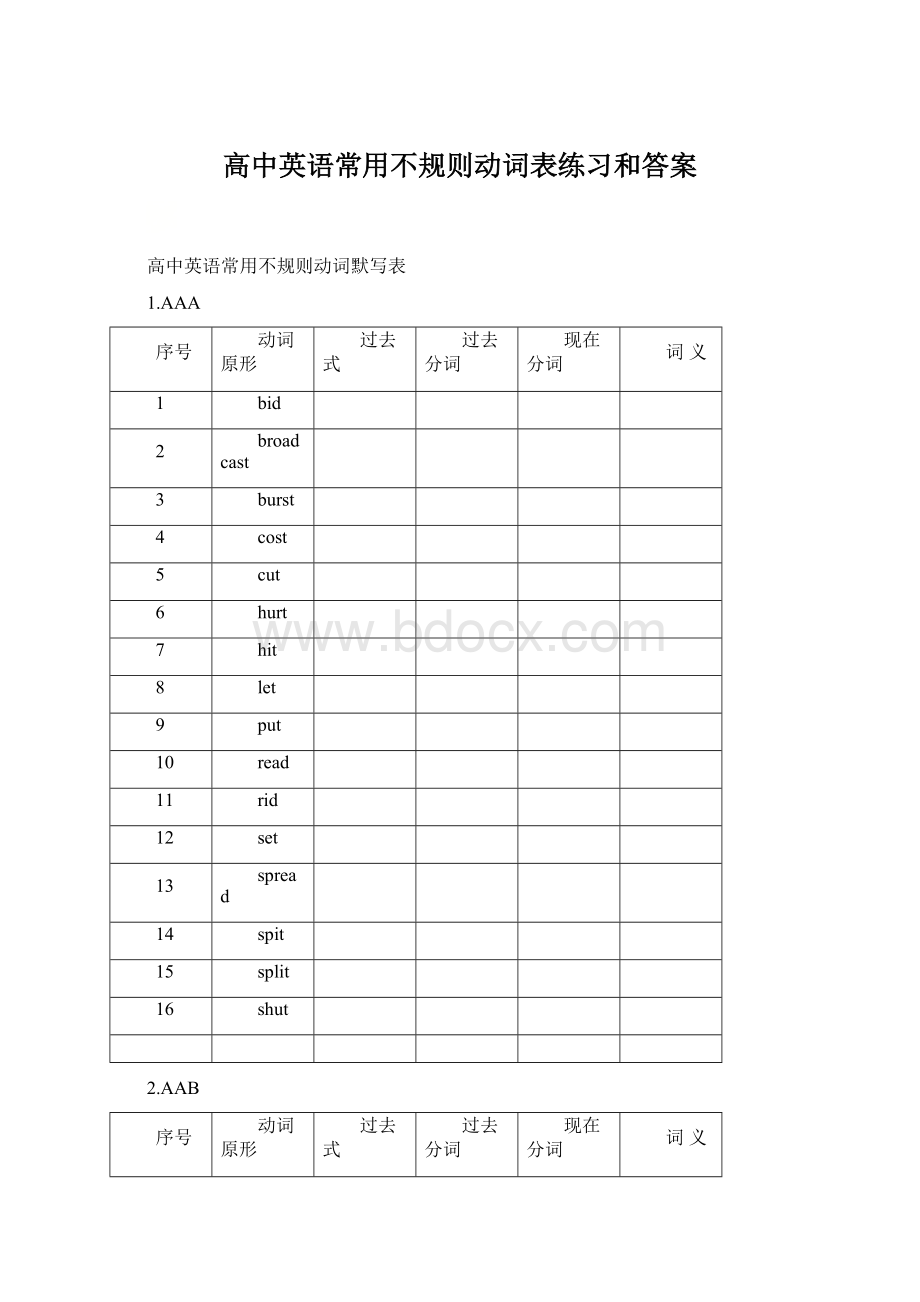 高中英语常用不规则动词表练习和答案.docx_第1页