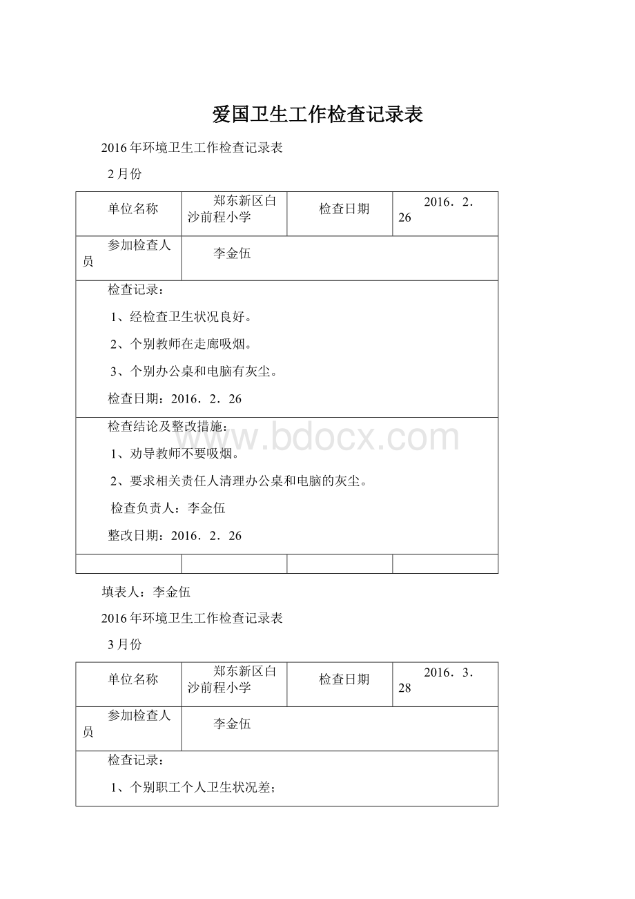 爱国卫生工作检查记录表Word格式文档下载.docx_第1页