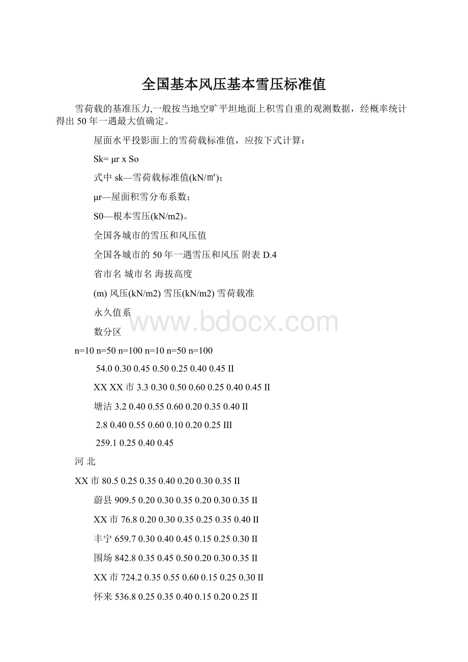 全国基本风压基本雪压标准值Word文档下载推荐.docx_第1页