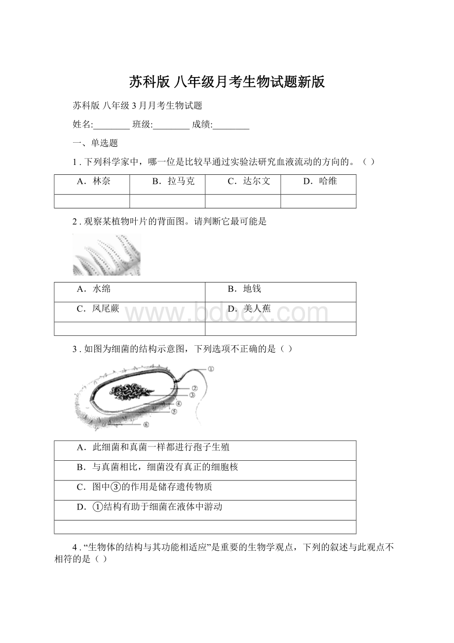 苏科版 八年级月考生物试题新版.docx_第1页