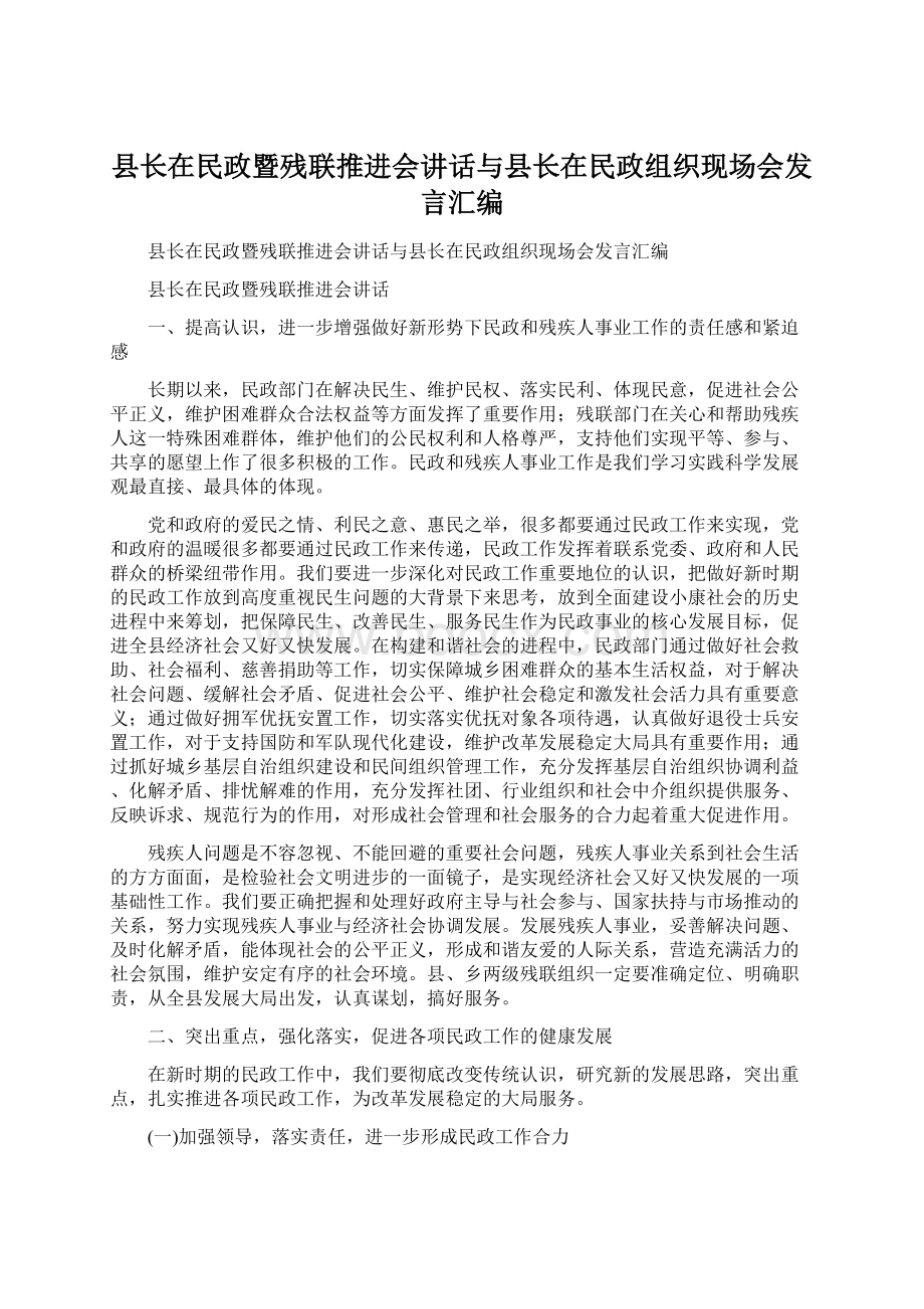 县长在民政暨残联推进会讲话与县长在民政组织现场会发言汇编.docx