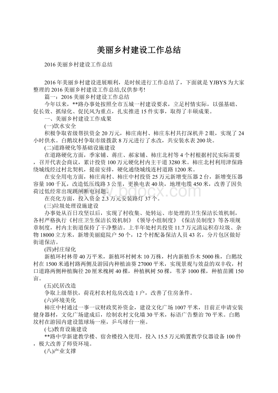 美丽乡村建设工作总结文档格式.docx