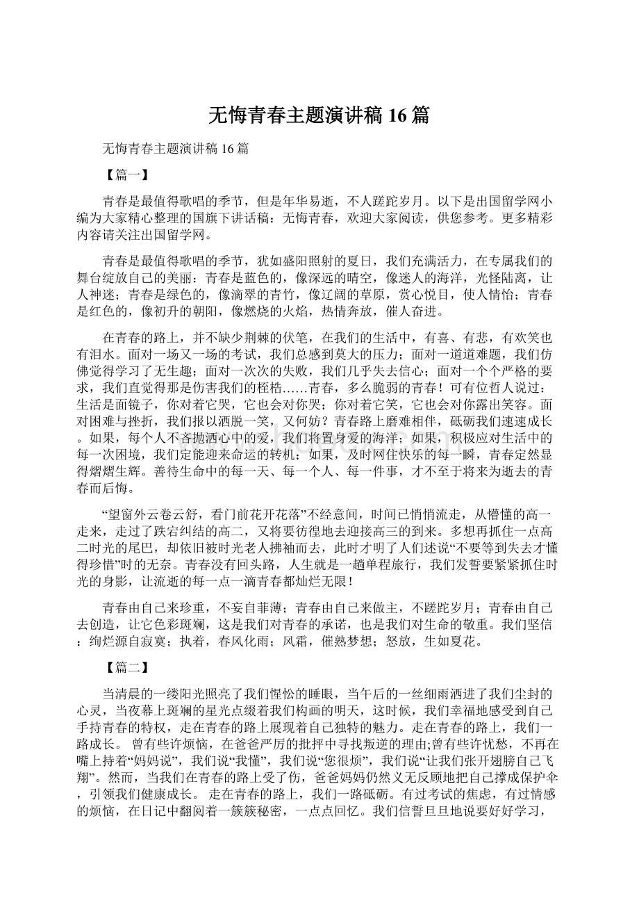 无悔青春主题演讲稿16篇Word格式文档下载.docx