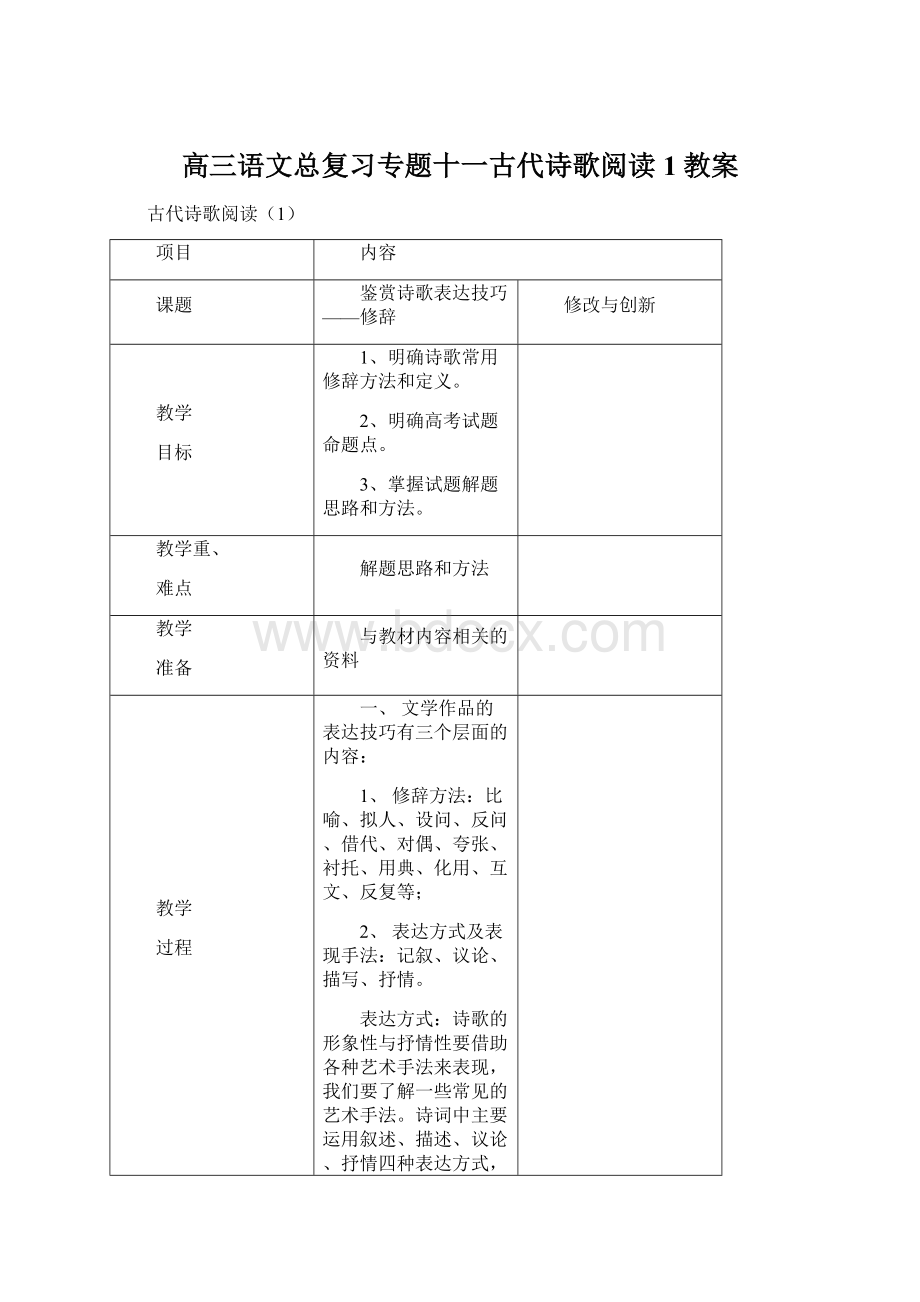 高三语文总复习专题十一古代诗歌阅读1教案文档格式.docx