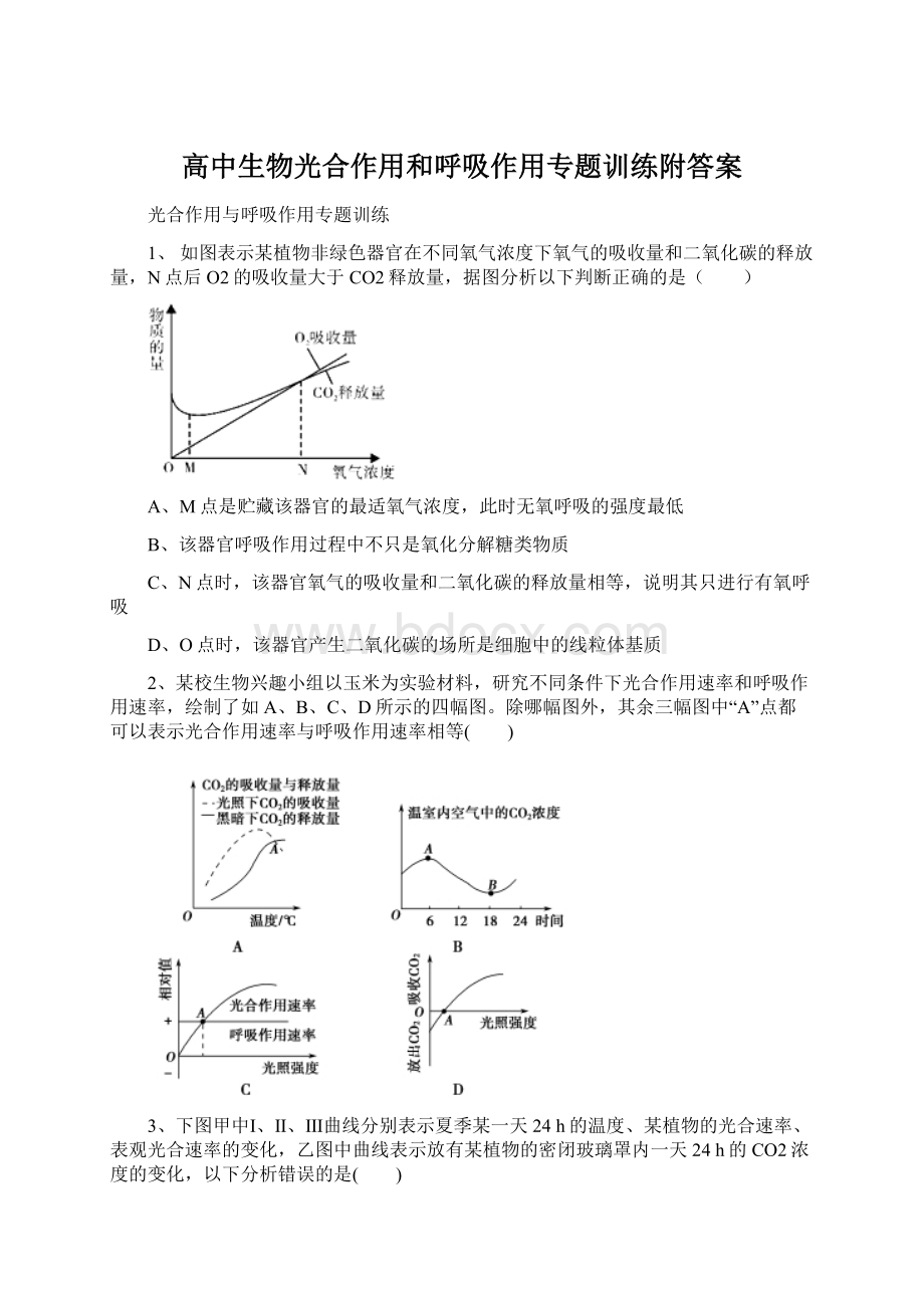 高中生物光合作用和呼吸作用专题训练附答案Word文档格式.docx