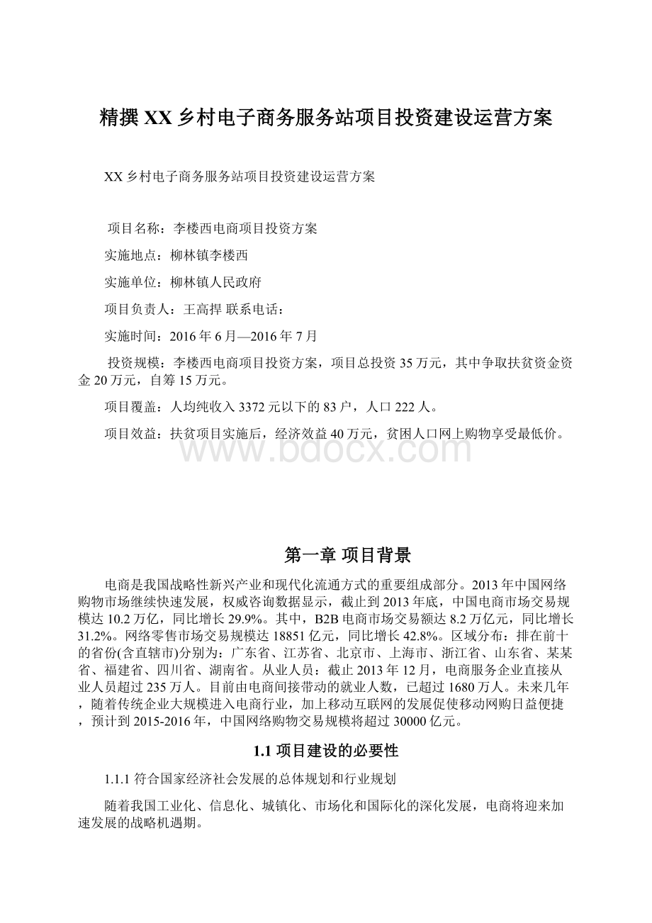 精撰XX乡村电子商务服务站项目投资建设运营方案.docx_第1页