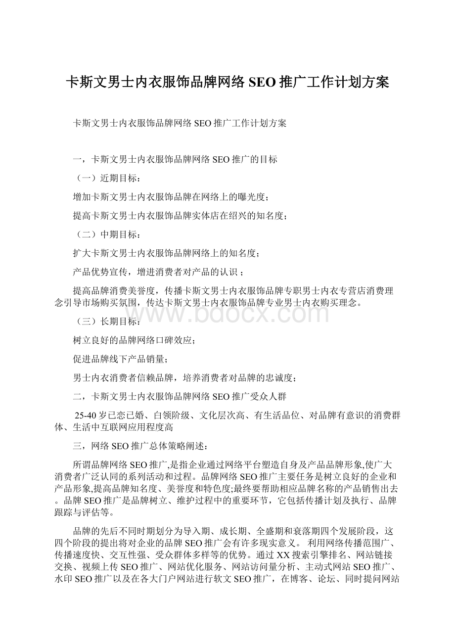 卡斯文男士内衣服饰品牌网络SEO推广工作计划方案Word文档格式.docx