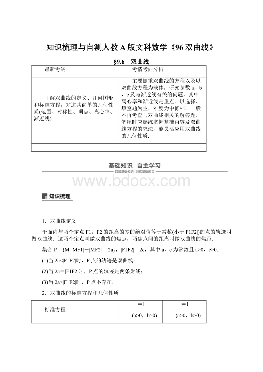 知识梳理与自测人教A版文科数学《96双曲线》Word下载.docx