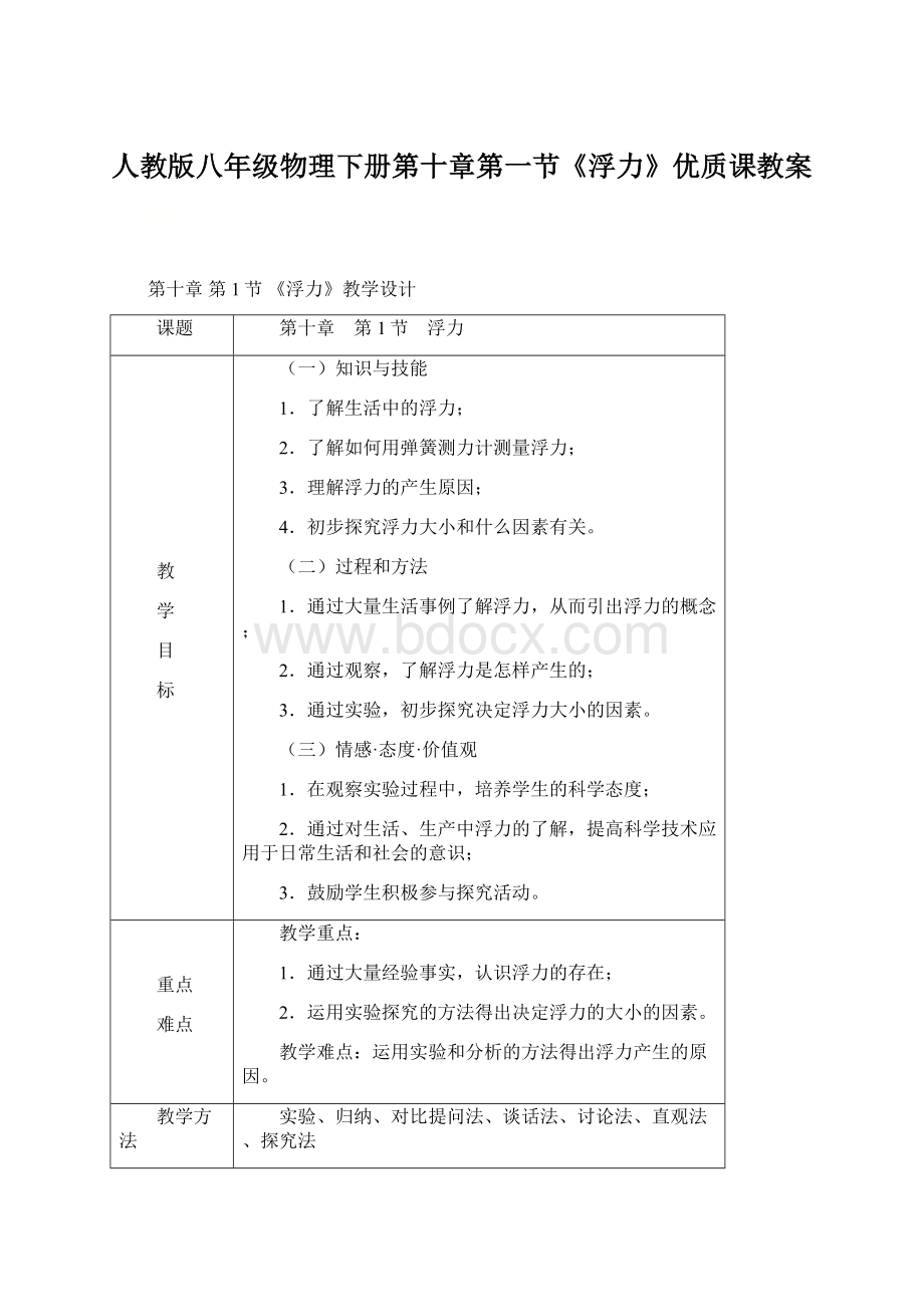 人教版八年级物理下册第十章第一节《浮力》优质课教案Word文件下载.docx