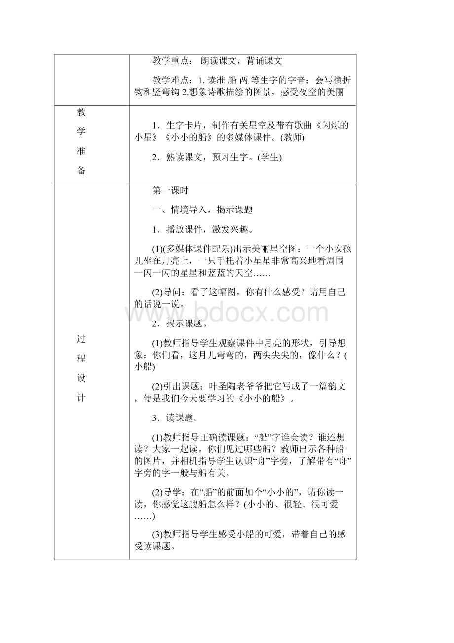 部编版一年级上册2小小的船教学设计表格式.docx_第2页