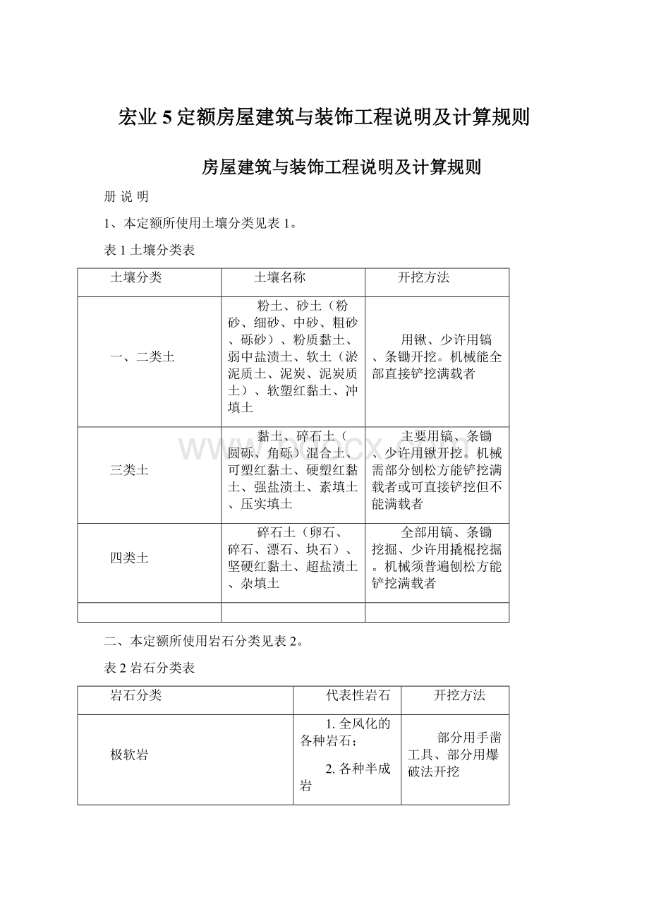 宏业5定额房屋建筑与装饰工程说明及计算规则Word文档下载推荐.docx_第1页