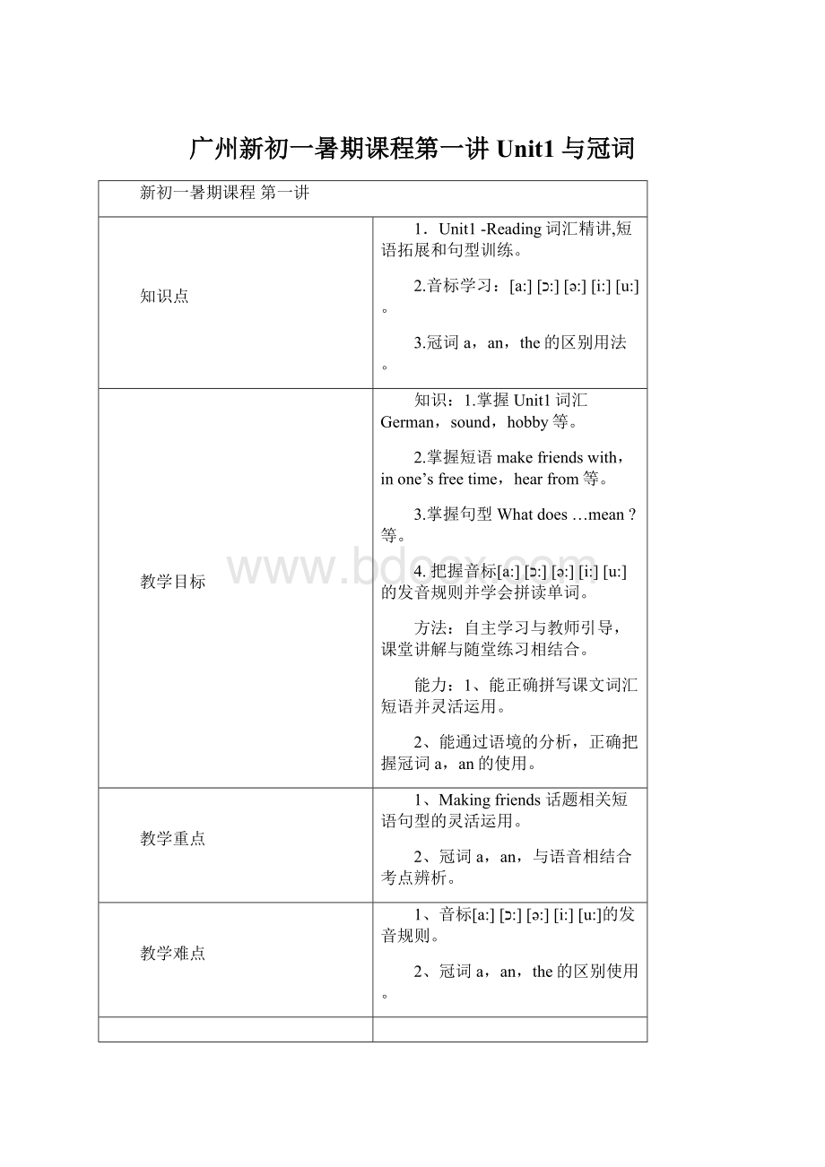 广州新初一暑期课程第一讲Unit1与冠词Word格式文档下载.docx_第1页