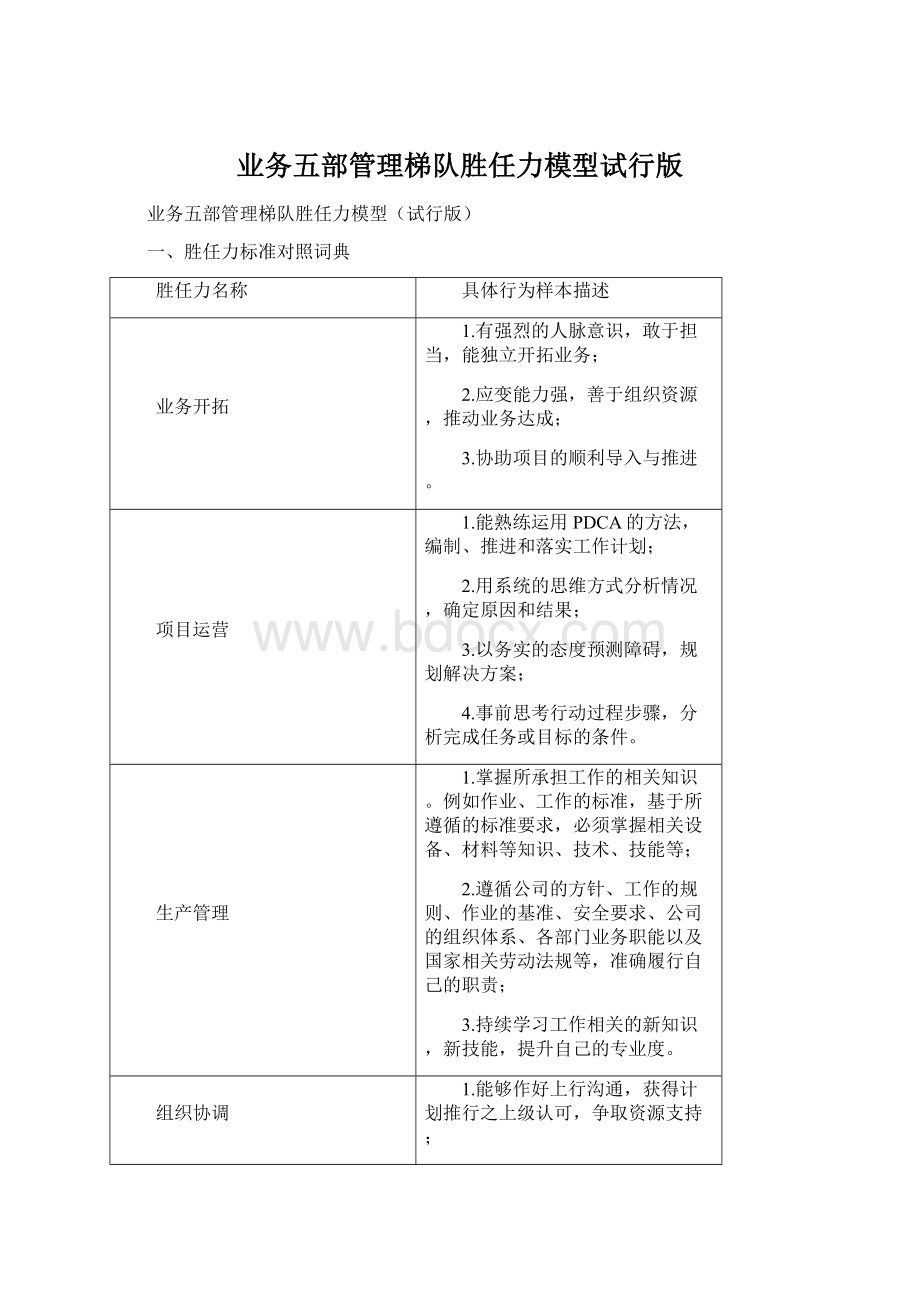 业务五部管理梯队胜任力模型试行版Word文档下载推荐.docx