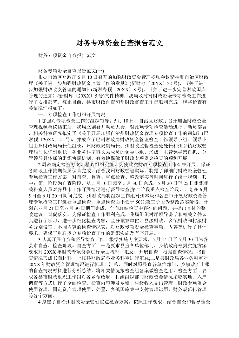 财务专项资金自查报告范文.docx_第1页