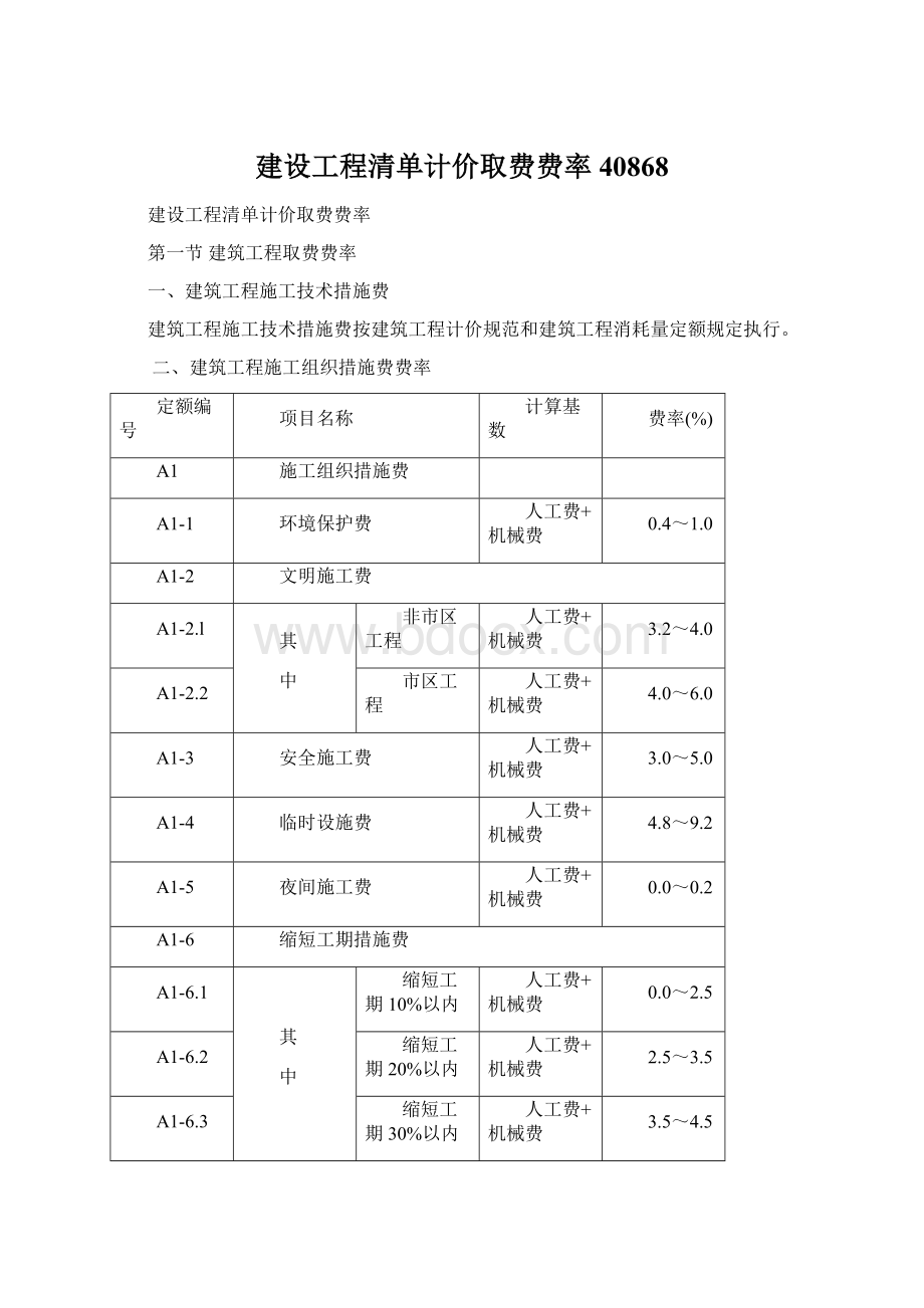 建设工程清单计价取费费率40868Word格式文档下载.docx