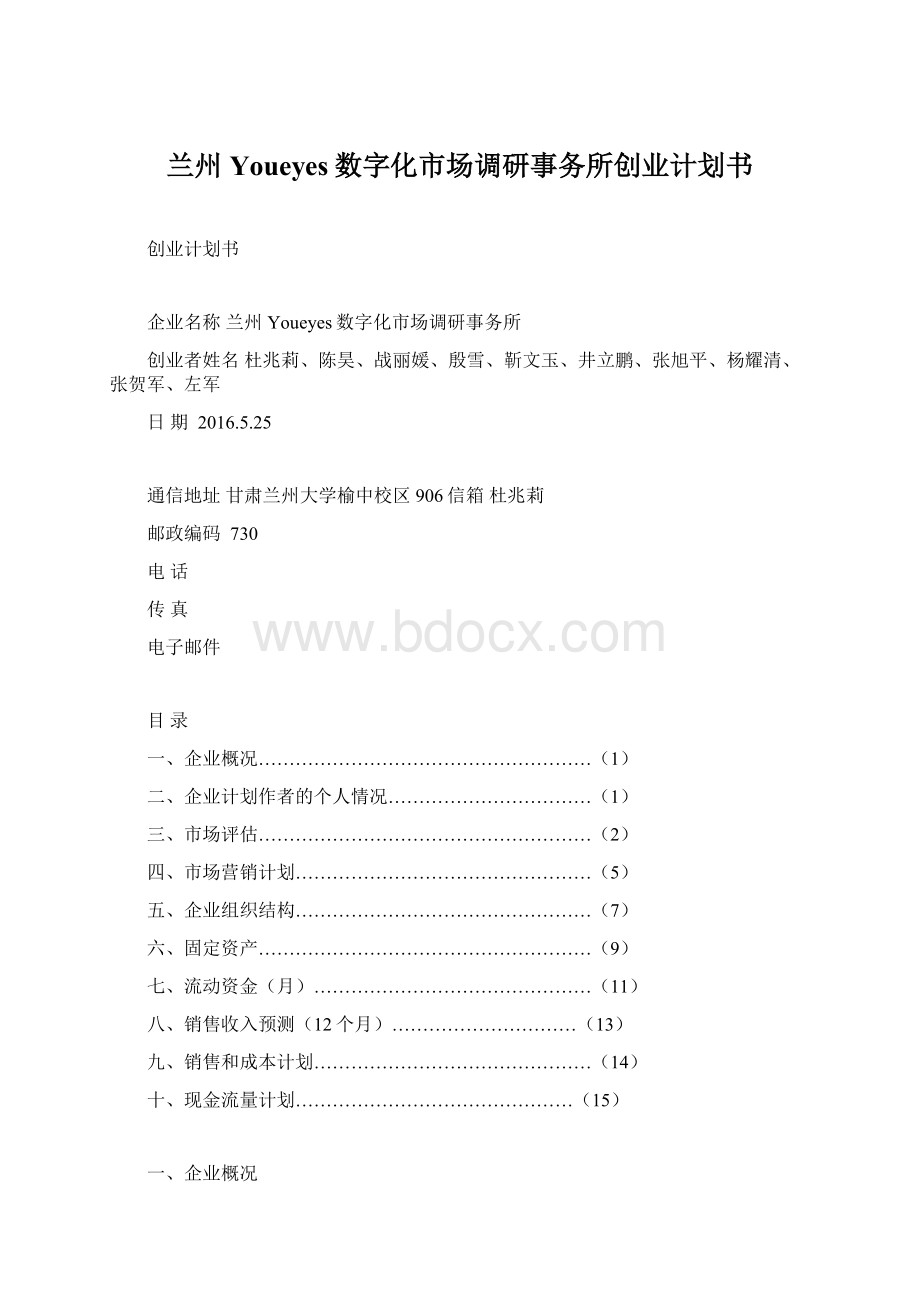 兰州Youeyes数字化市场调研事务所创业计划书.docx