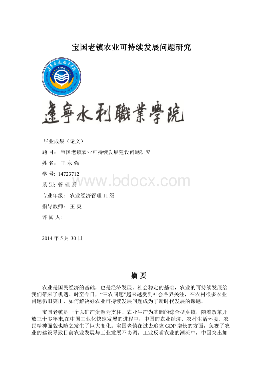宝国老镇农业可持续发展问题研究.docx_第1页