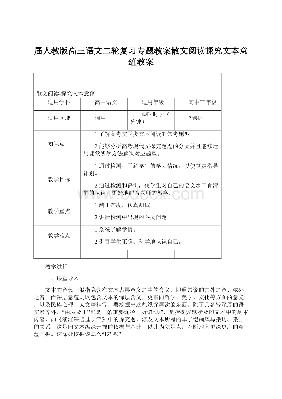 届人教版高三语文二轮复习专题教案散文阅读探究文本意蕴教案.docx