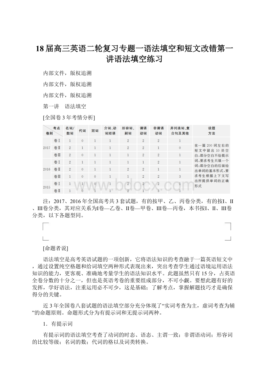 18届高三英语二轮复习专题一语法填空和短文改错第一讲语法填空练习Word文档下载推荐.docx_第1页