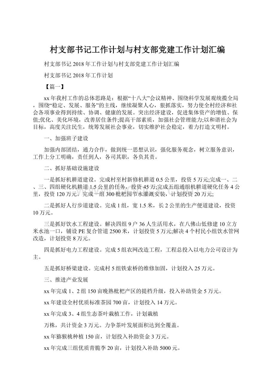 村支部书记工作计划与村支部党建工作计划汇编.docx_第1页