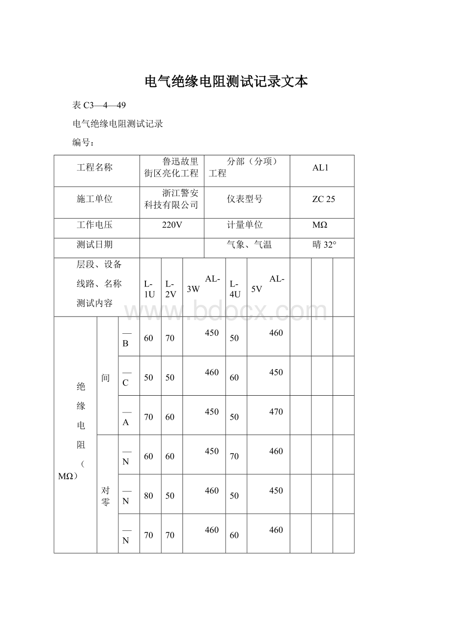 电气绝缘电阻测试记录文本.docx_第1页