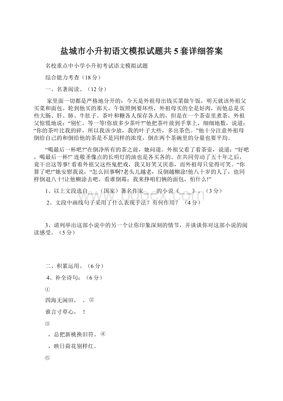 盐城市小升初语文模拟试题共5套详细答案.docx