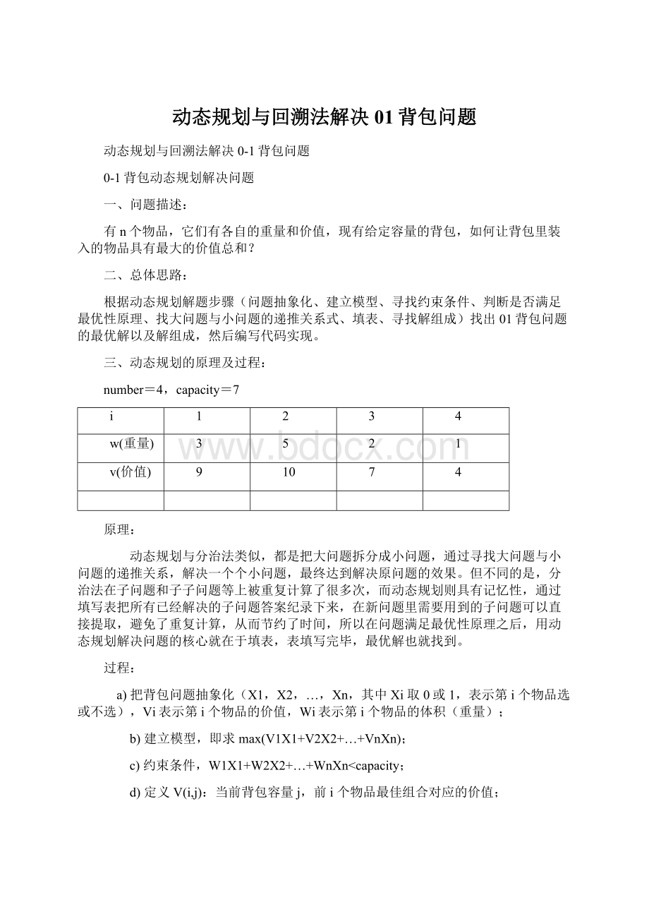 动态规划与回溯法解决01背包问题.docx