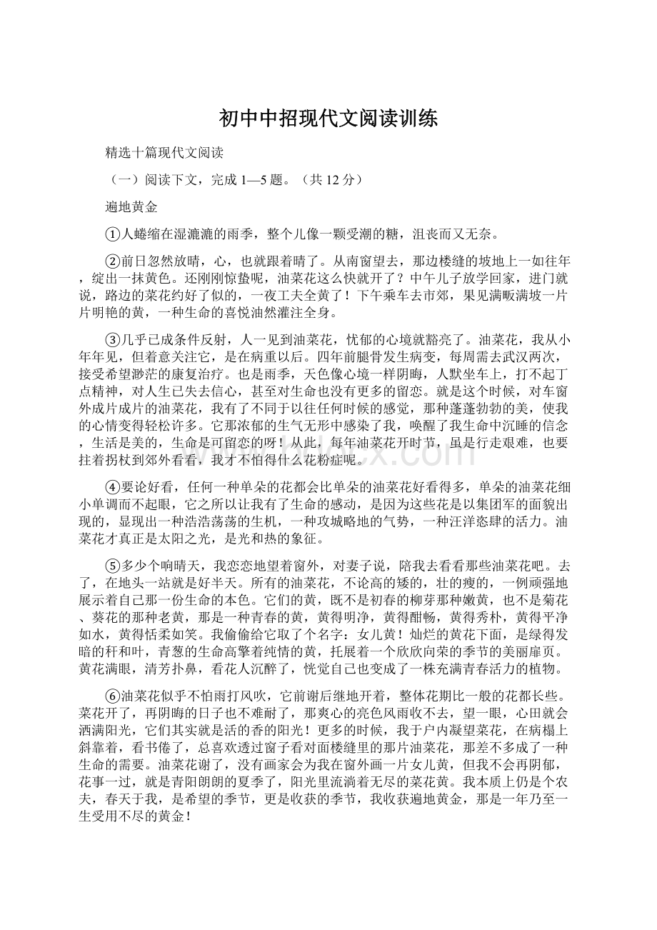 初中中招现代文阅读训练.docx_第1页