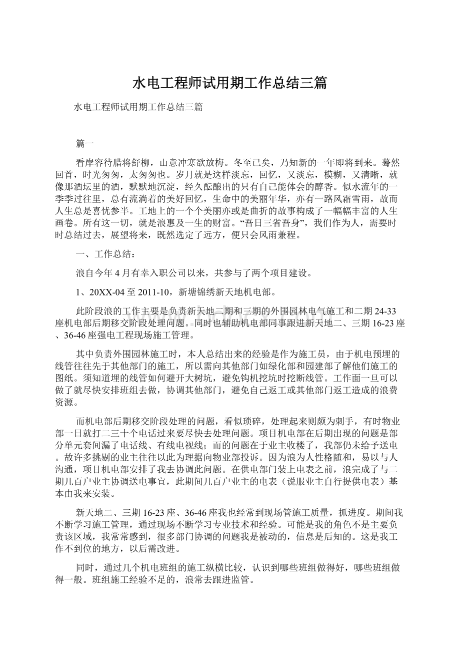 水电工程师试用期工作总结三篇.docx