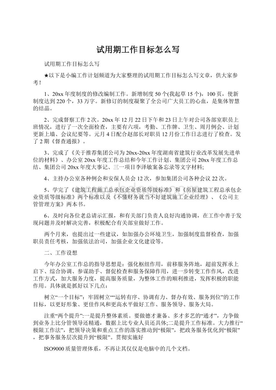 试用期工作目标怎么写Word格式文档下载.docx