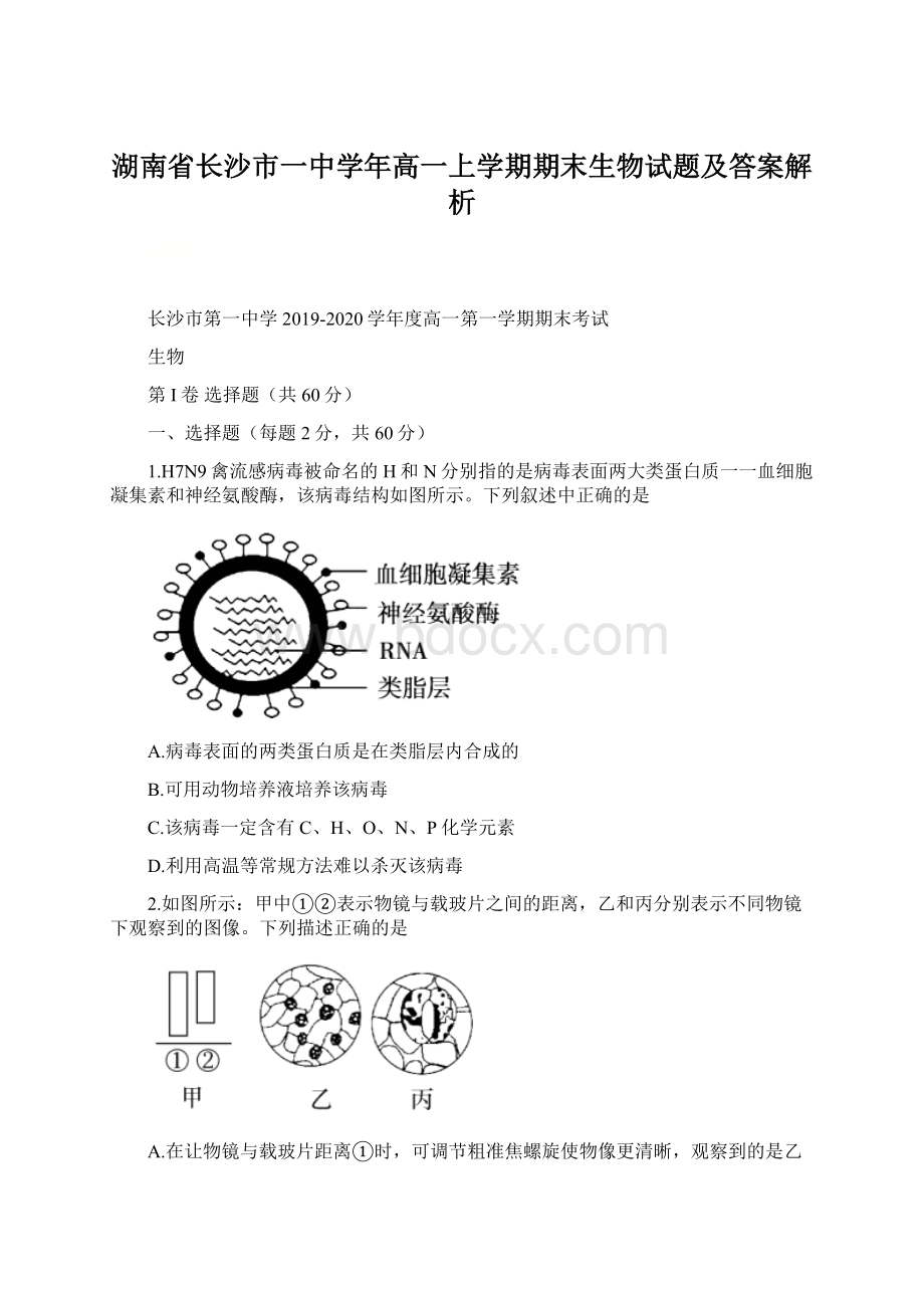 湖南省长沙市一中学年高一上学期期末生物试题及答案解析.docx_第1页