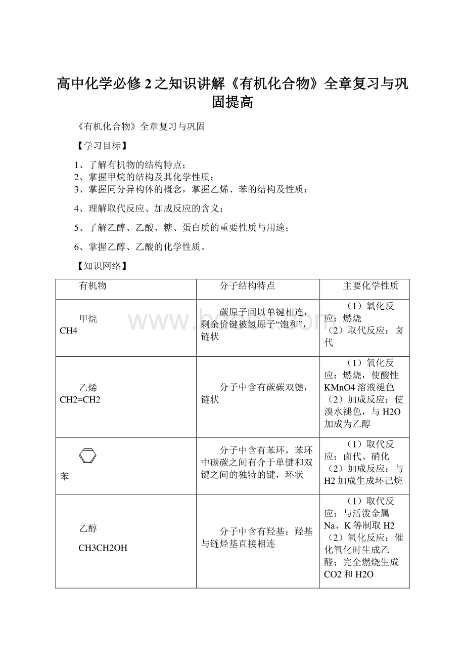 高中化学必修2之知识讲解《有机化合物》全章复习与巩固提高.docx