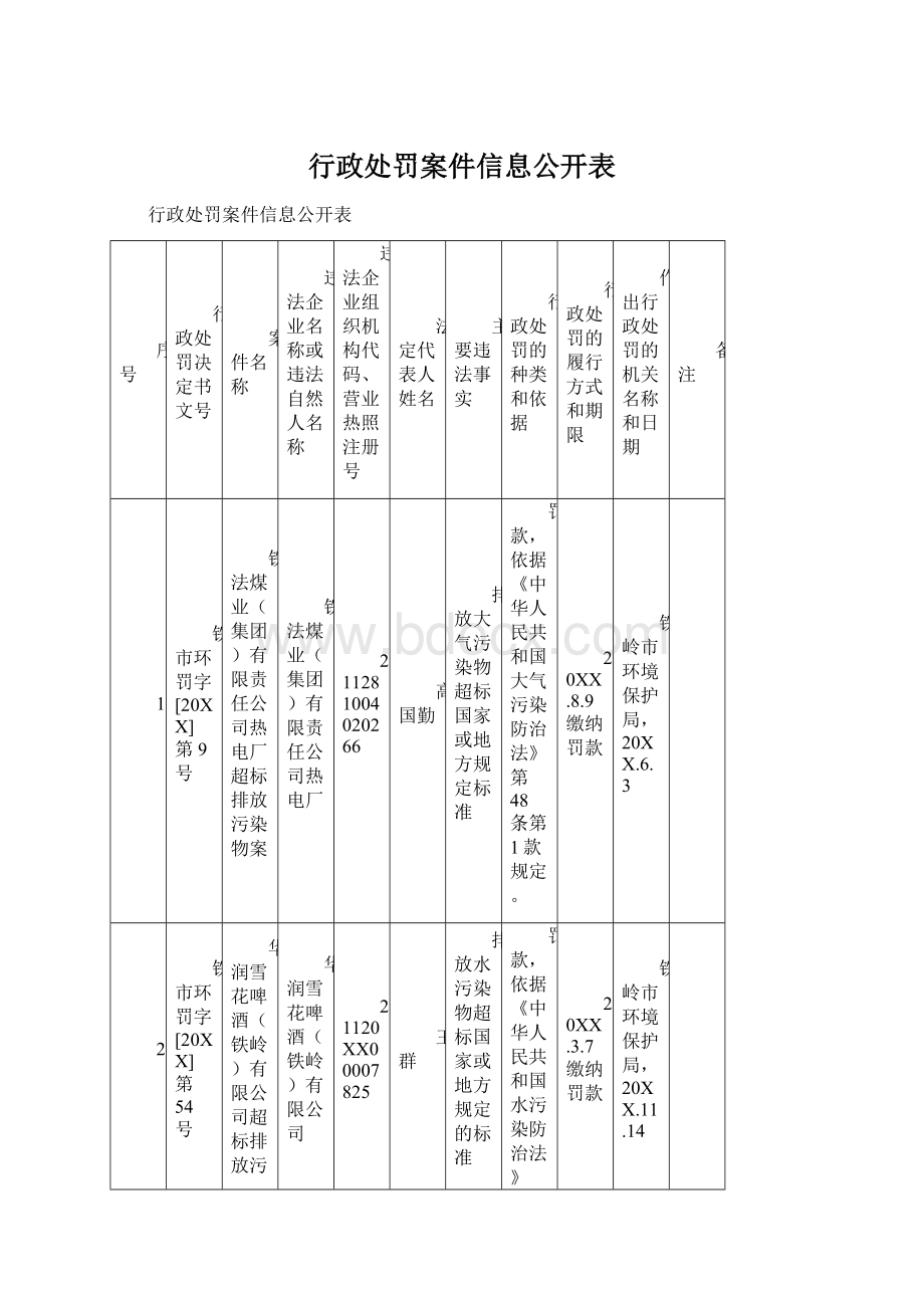 行政处罚案件信息公开表Word文件下载.docx