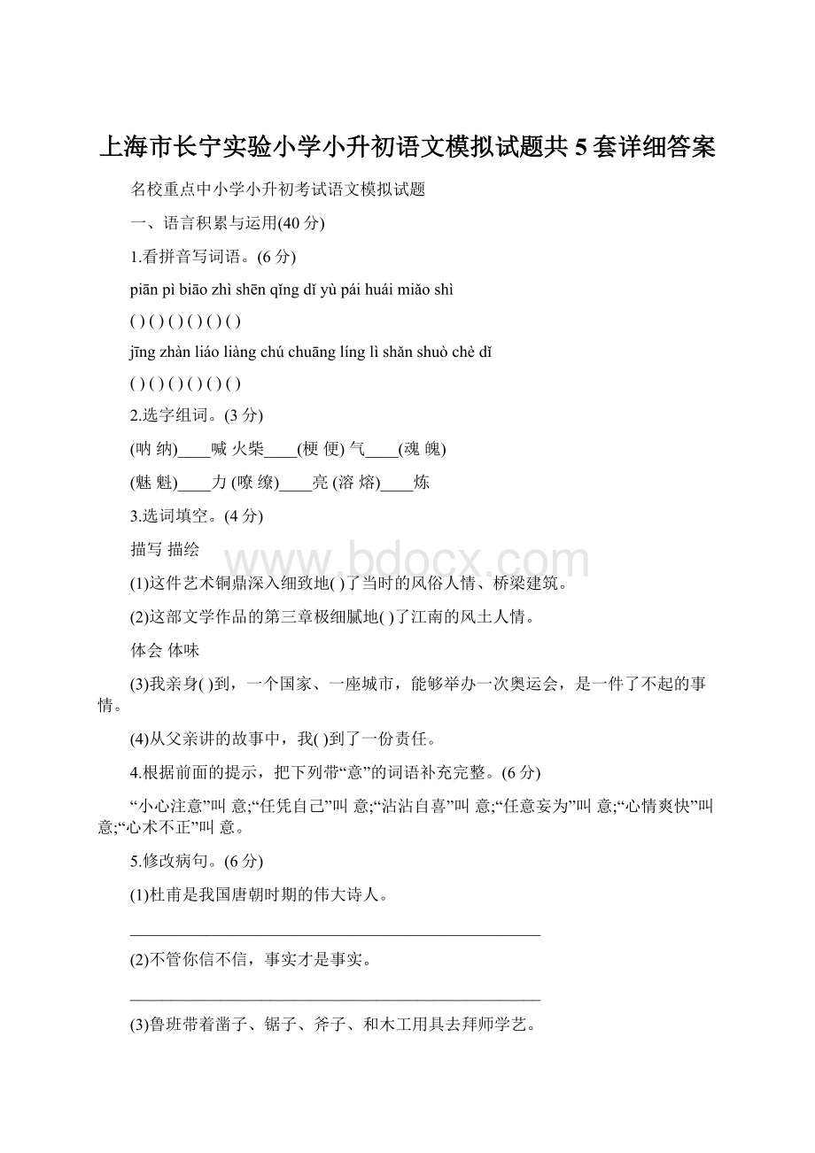 上海市长宁实验小学小升初语文模拟试题共5套详细答案.docx