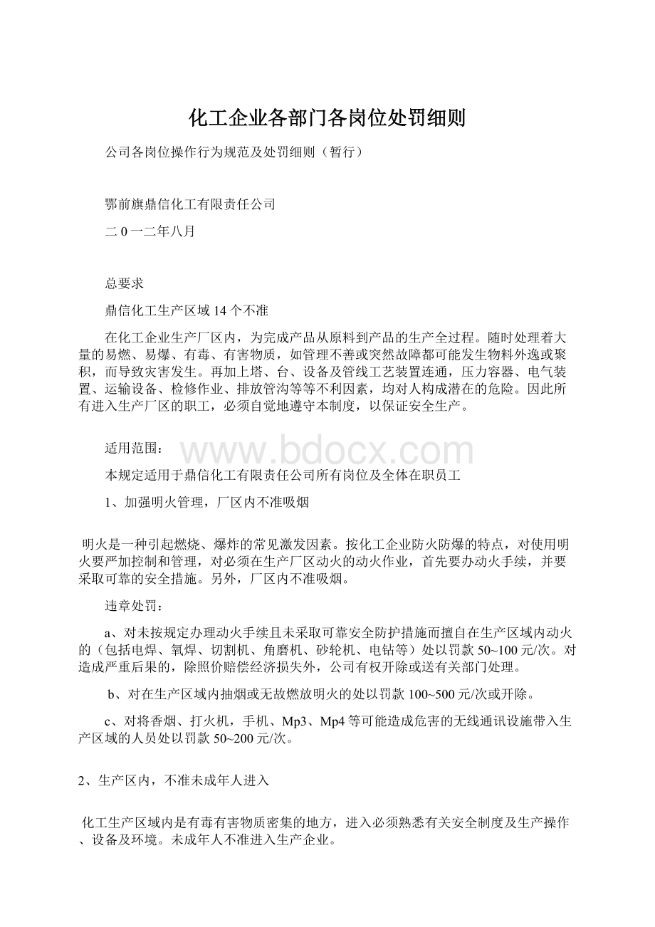 化工企业各部门各岗位处罚细则Word文档下载推荐.docx