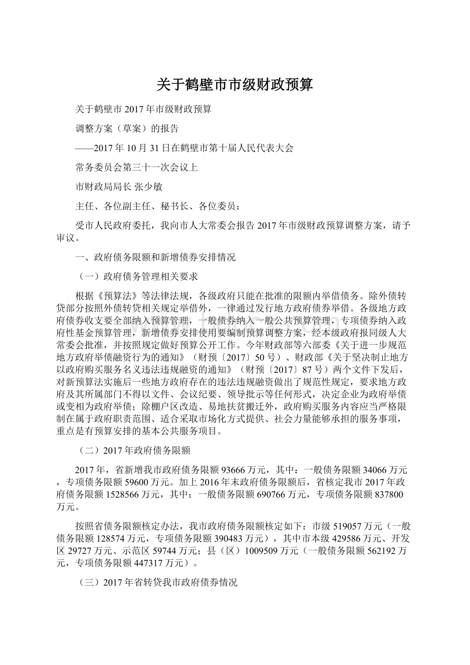 关于鹤壁市市级财政预算Word下载.docx_第1页