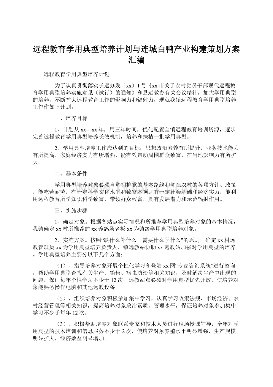 远程教育学用典型培养计划与连城白鸭产业构建策划方案汇编Word格式.docx