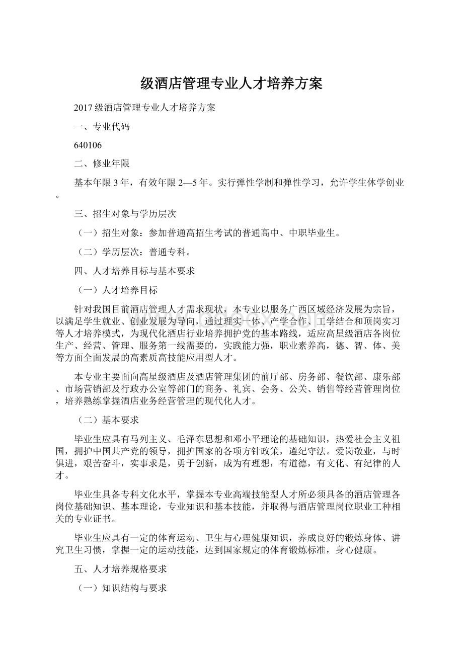 级酒店管理专业人才培养方案Word文档下载推荐.docx