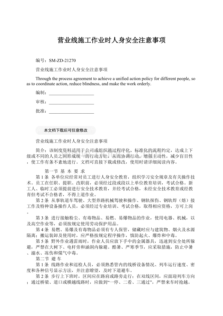 营业线施工作业时人身安全注意事项Word格式文档下载.docx_第1页