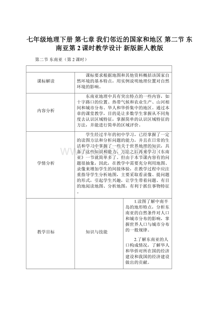 七年级地理下册 第七章 我们邻近的国家和地区 第二节 东南亚第2课时教学设计 新版新人教版Word文档格式.docx