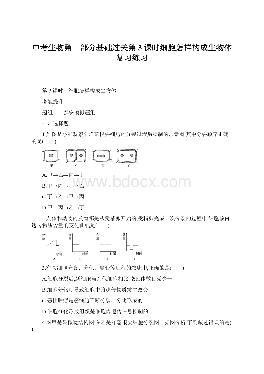 中考生物第一部分基础过关第3课时细胞怎样构成生物体复习练习Word文档格式.docx