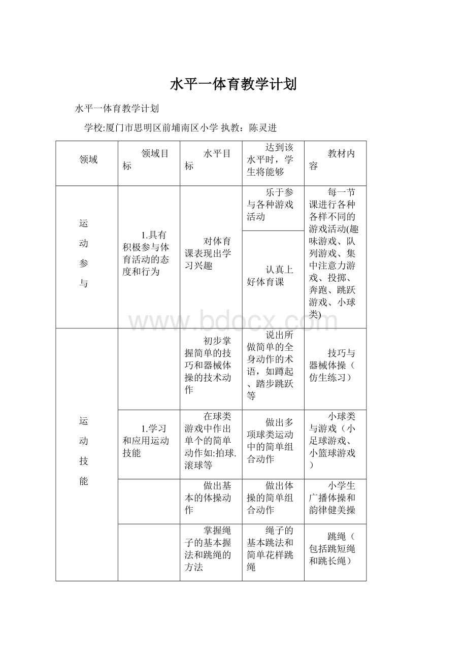 水平一体育教学计划Word文档下载推荐.docx_第1页