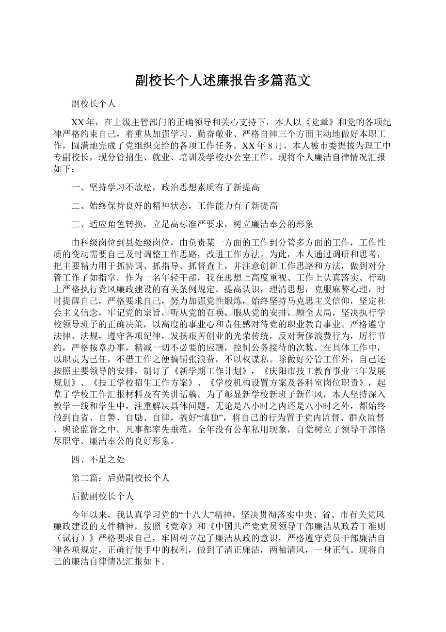 副校长个人述廉报告多篇范文Word文档格式.docx