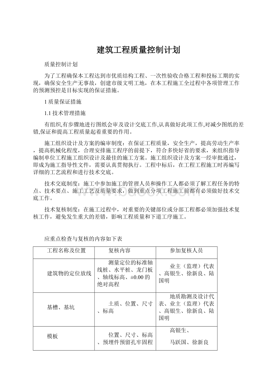 建筑工程质量控制计划Word格式.docx