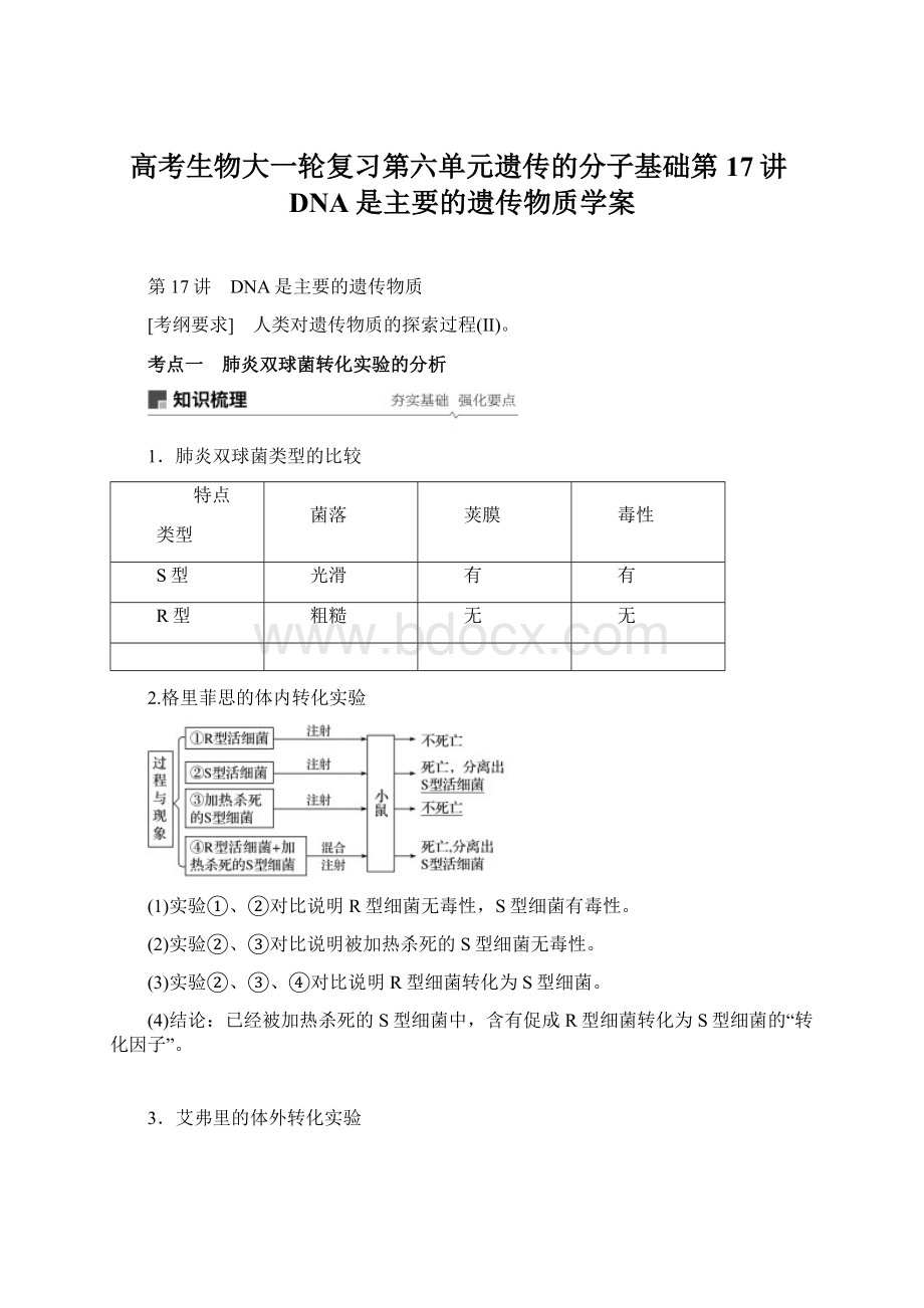 高考生物大一轮复习第六单元遗传的分子基础第17讲DNA是主要的遗传物质学案.docx_第1页