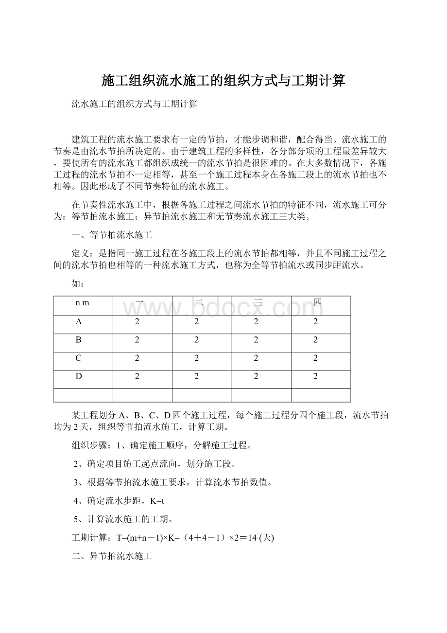 施工组织流水施工的组织方式与工期计算Word格式文档下载.docx