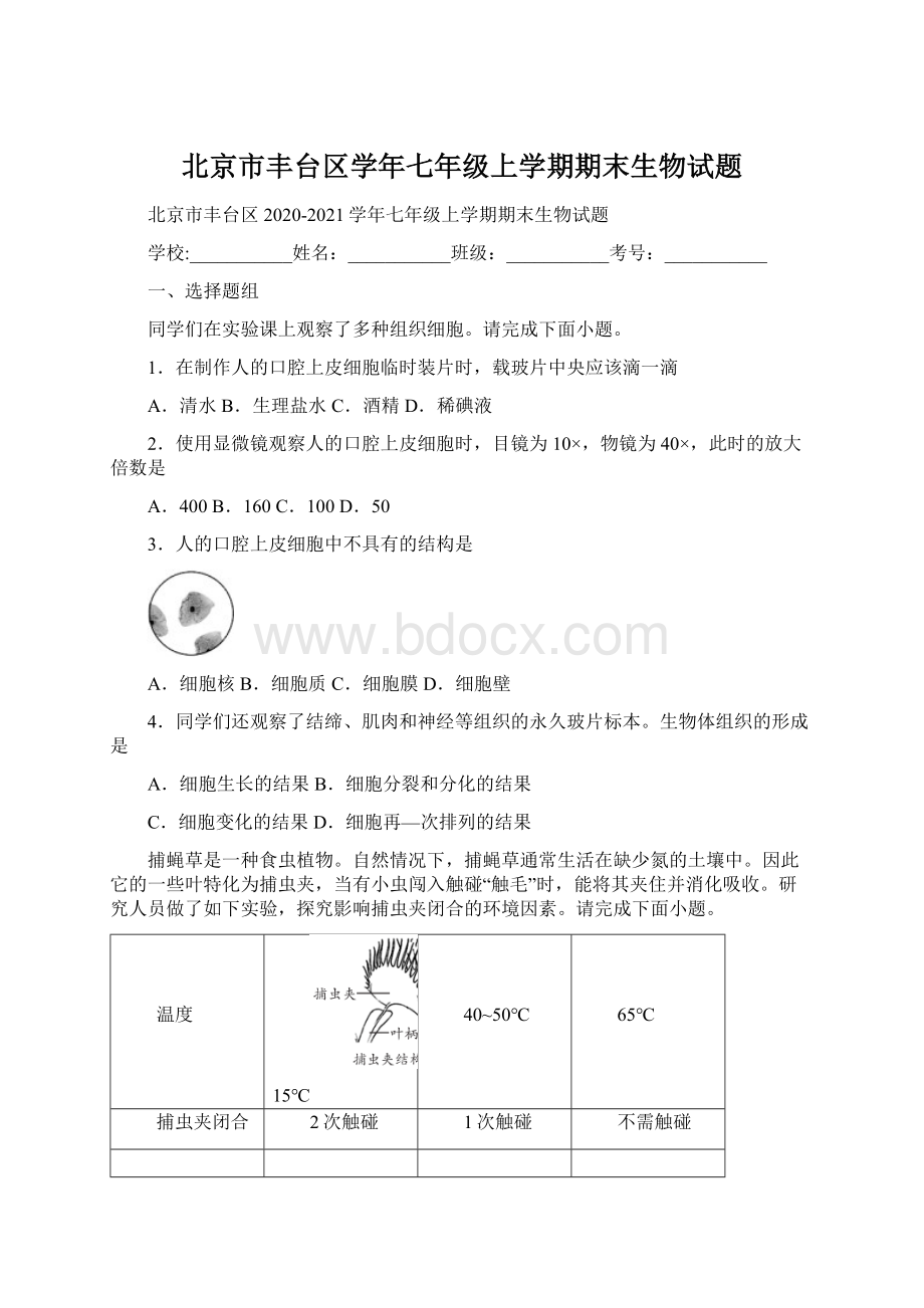 北京市丰台区学年七年级上学期期末生物试题.docx_第1页