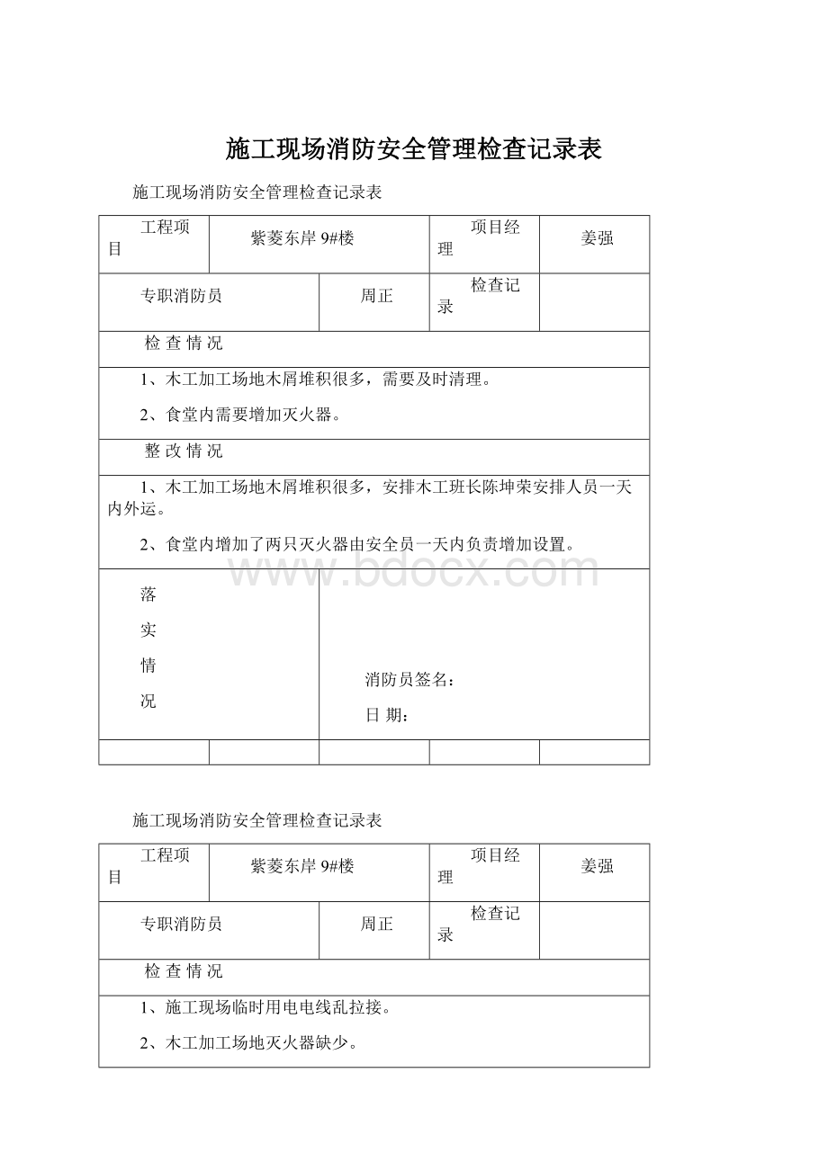 施工现场消防安全管理检查记录表.docx_第1页