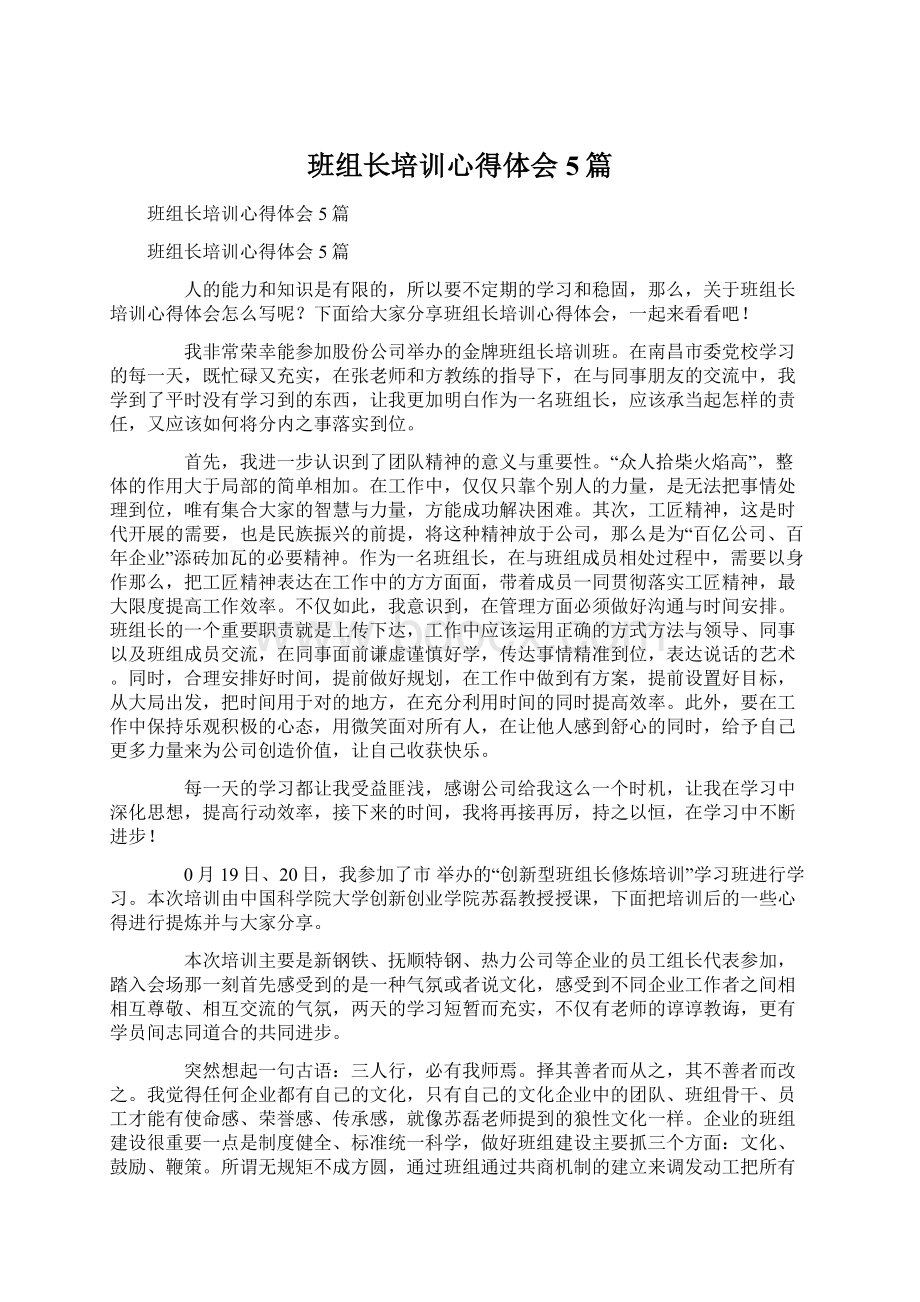 班组长培训心得体会5篇文档格式.docx_第1页