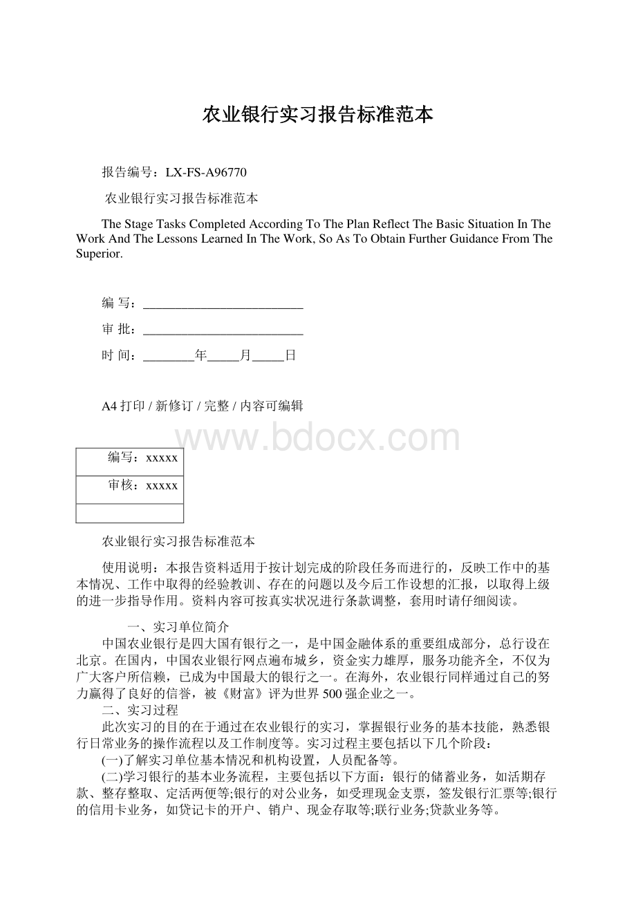 农业银行实习报告标准范本Word文档格式.docx_第1页